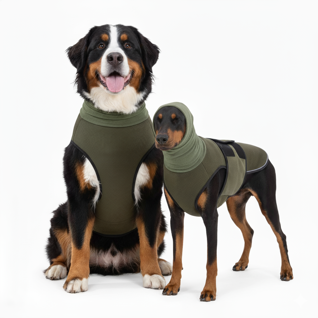 o hunde i Snudles ro-veste: en glad Berner Sennen og en Dobermann i matchende grønne anti-angst veste med hætte. Ideel til at berolige hunde.