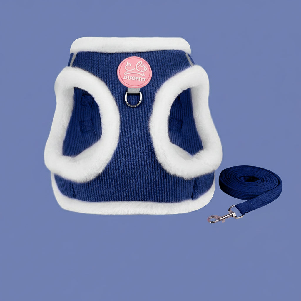 Marineblåt (mørkeblåt) katteharnes i ribbet fløjl med tykt, hvidt plysfor og matchende blå gåsnor.