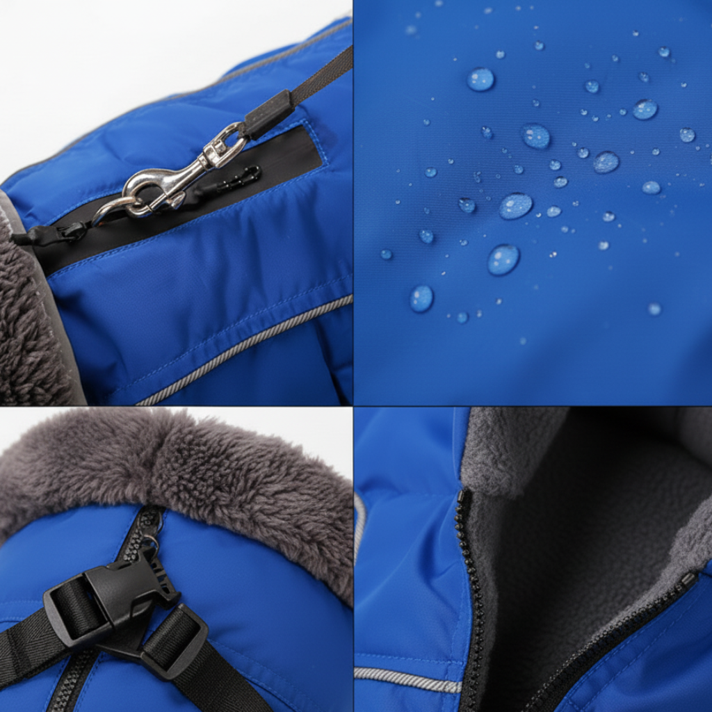 Nærbillede af detaljer på en blå, vandtæt hundejakke med grå pelskrave og reflekterende striber. Viser vanddråber på stoffet, en stærk D-ring til snor, et justerbart spænde for en god pasform og en lynlås med beskyttende underlag. Ideel til at fremhæve produktfunktioner for søgemaskiner.