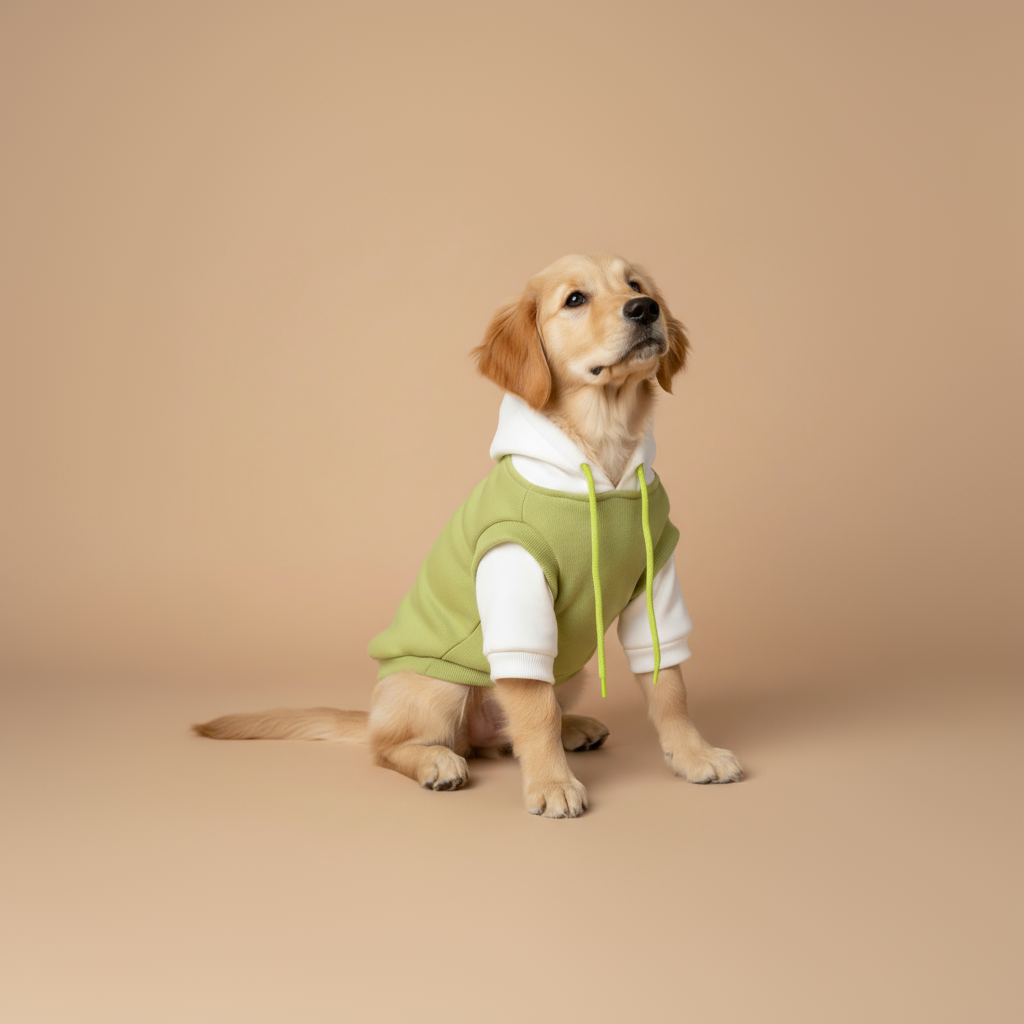 En sød golden retriever hvalp sidder sidelæns på en ensfarvet lysebrun/beige baggrund. Hvalpen har en stilfuld hættetrøje på i hvid med en lysegrøn krop og lysegrønne snore. Hunden kigger op mod højre og er fuldt synlig i billedet, med halen og benene tydeligt vist.