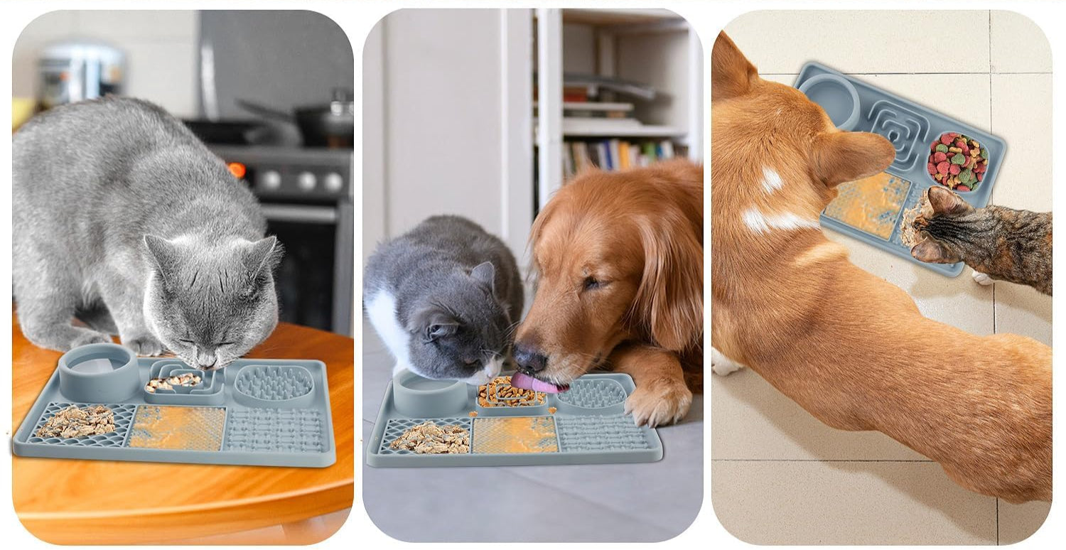 En hund, der slikker mad af en slikkemåtte, som er fastgjort til fliserne i badeværelset, for at skabe ro under badning.