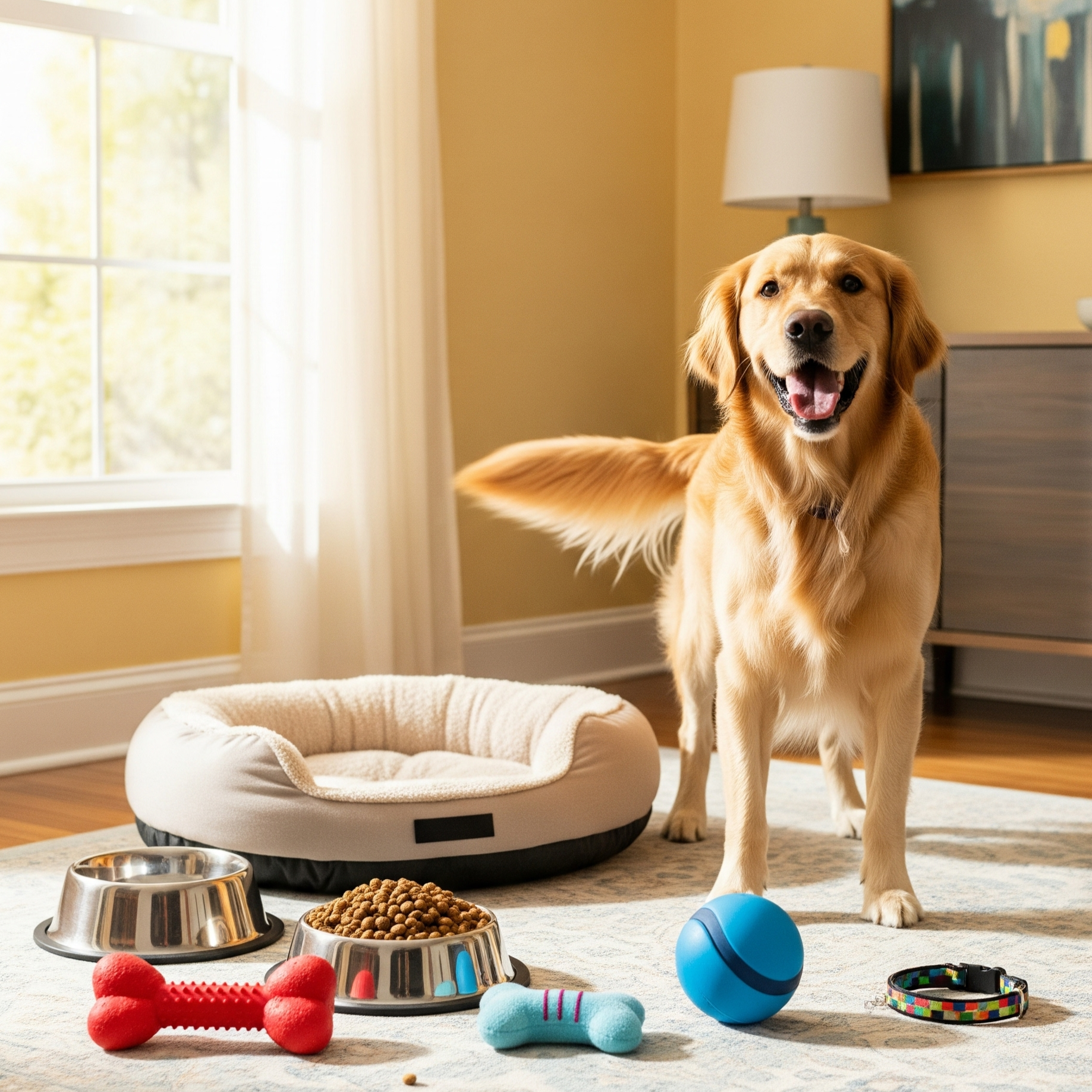 En glad golden retriever omgivet af forskelligt hundetilbehør, inklusiv en hundeseng, hundelegetøj og madskåle i et lyst, hyggeligt rum.