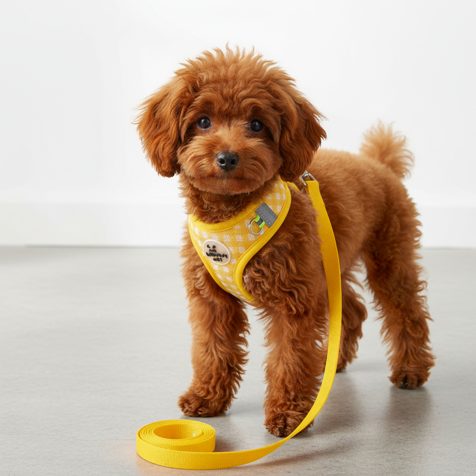 Brun puddel med gul hundesele og snor. Blød, åndbar og justerbar hvalpesele. Anti-træk design.