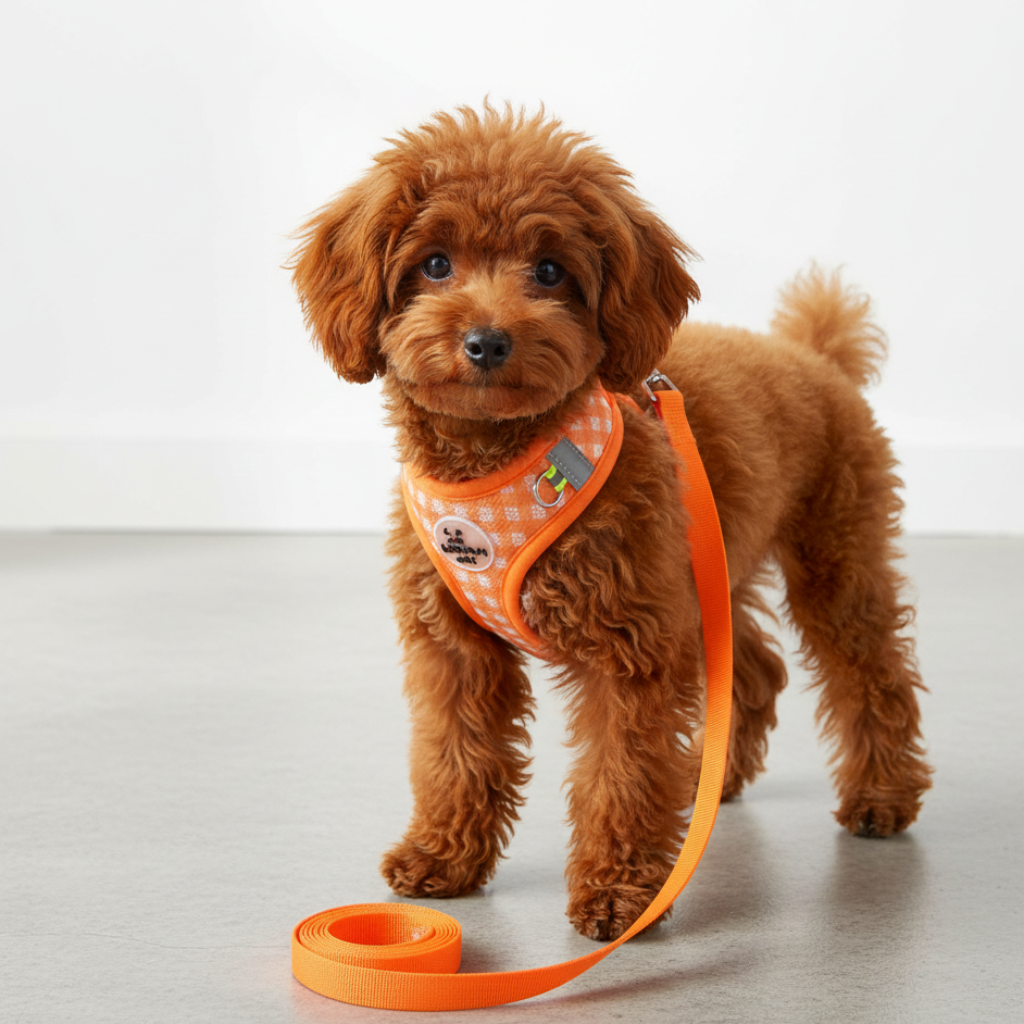 Brun puddel med orange hundesele og snor. Blød, åndbar og justerbar hvalpesele. Anti-træk design.