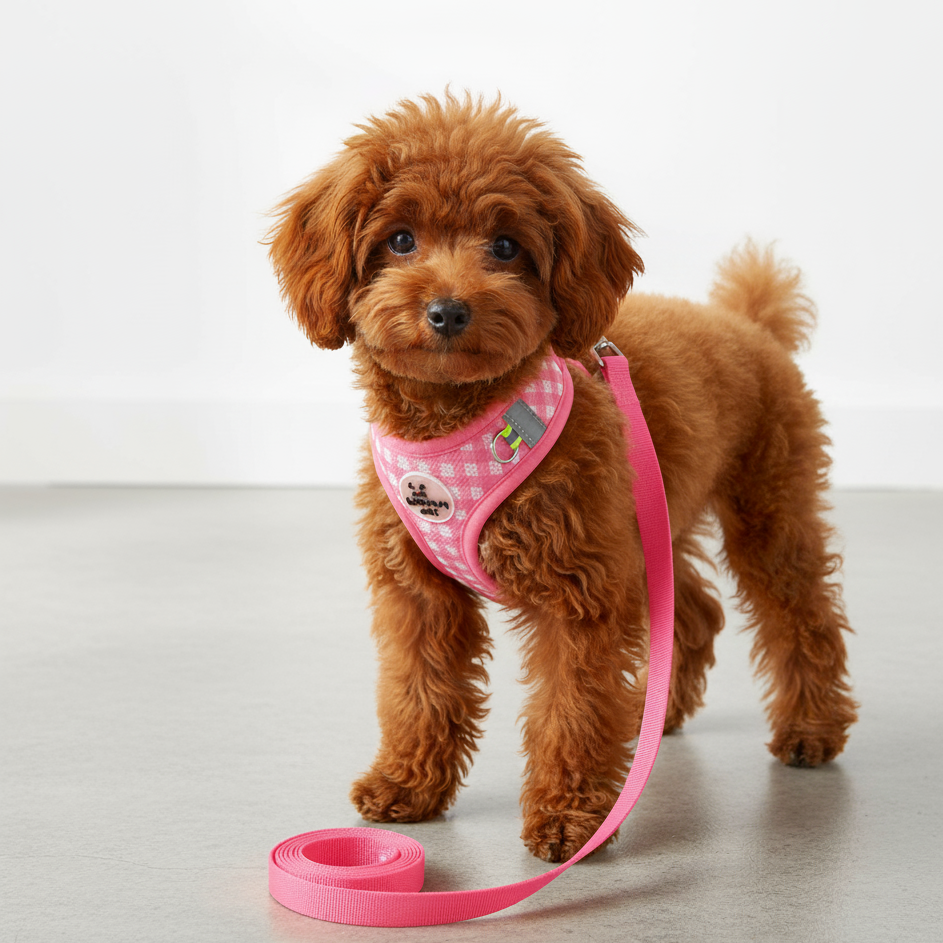 Brun puddel med pink hundesele og snor. Blød, åndbar og justerbar hvalpesele. Anti-træk design.