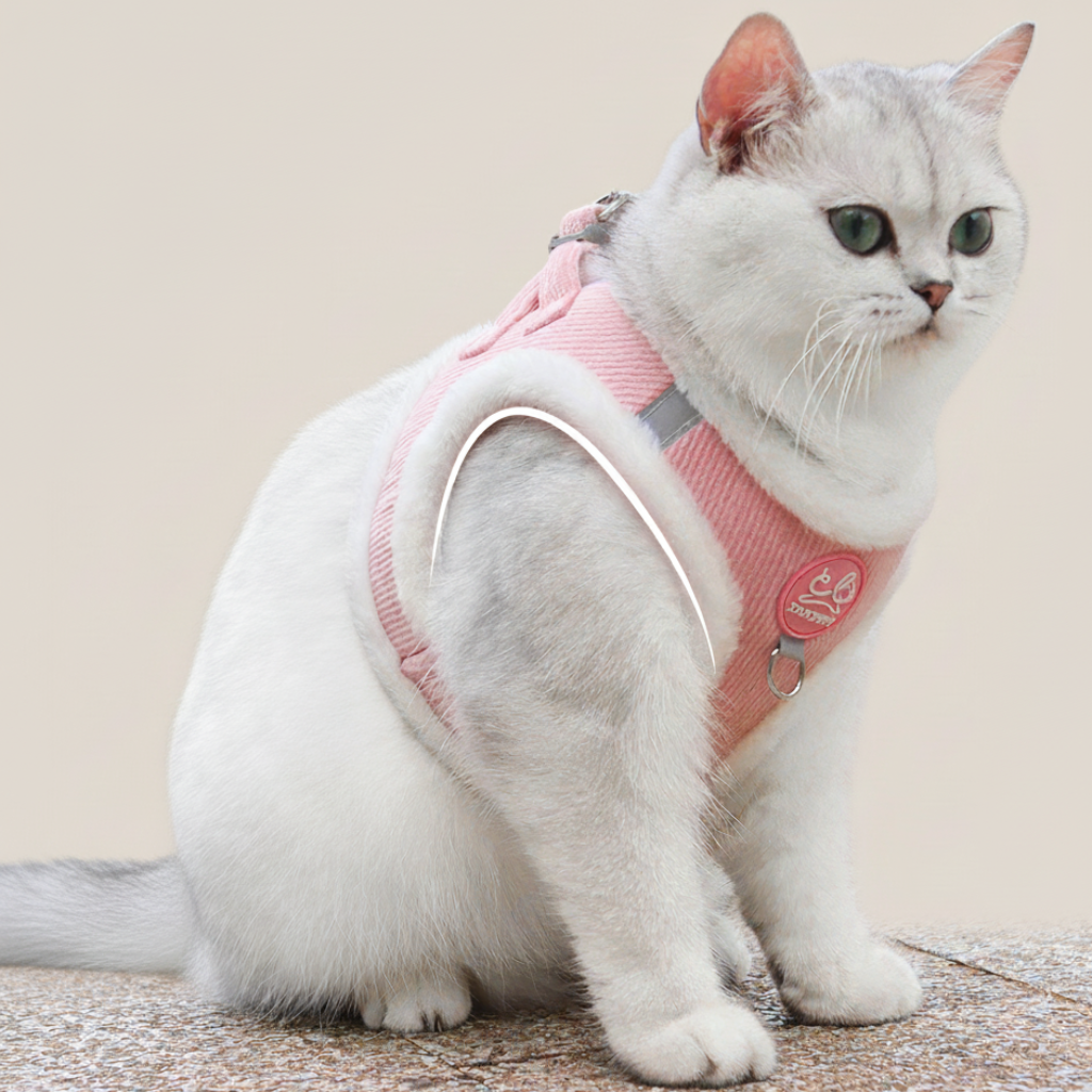 Hvid kat iført lyserødt plysforet katteharnes i fløjl, der fremhæver harnassets behagelige pasform og refleksdetaljer på stropperne.