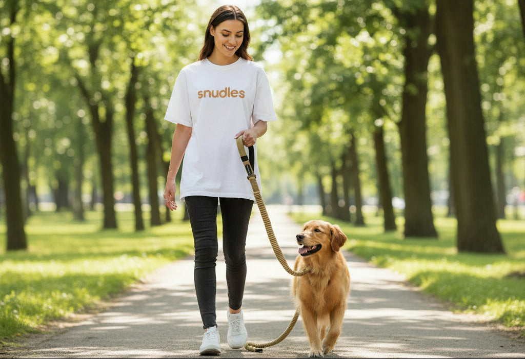 En ung kvinde iført en hvid "snudles" t-shirt og sorte jeans smiler, mens hun går tur med en glad Golden Retriever på en grøn, træomkranset sti. Kvinden holder snoren i hånden, og hunden ser op på hende.