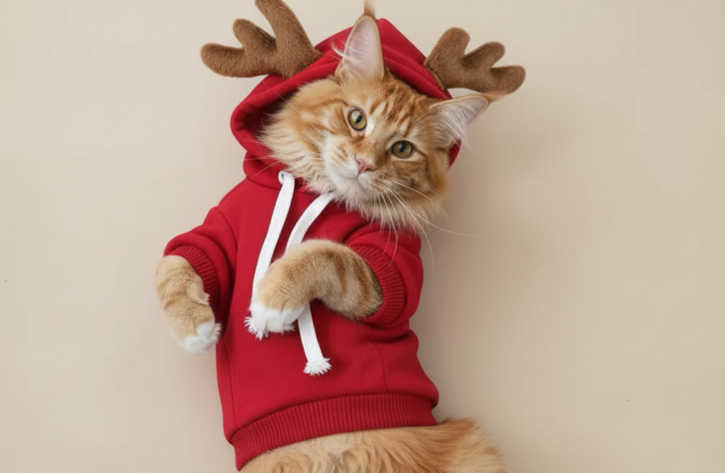 Lysebrun kat iført en festlig, blød, rød Snudles juletrøje med hætte.