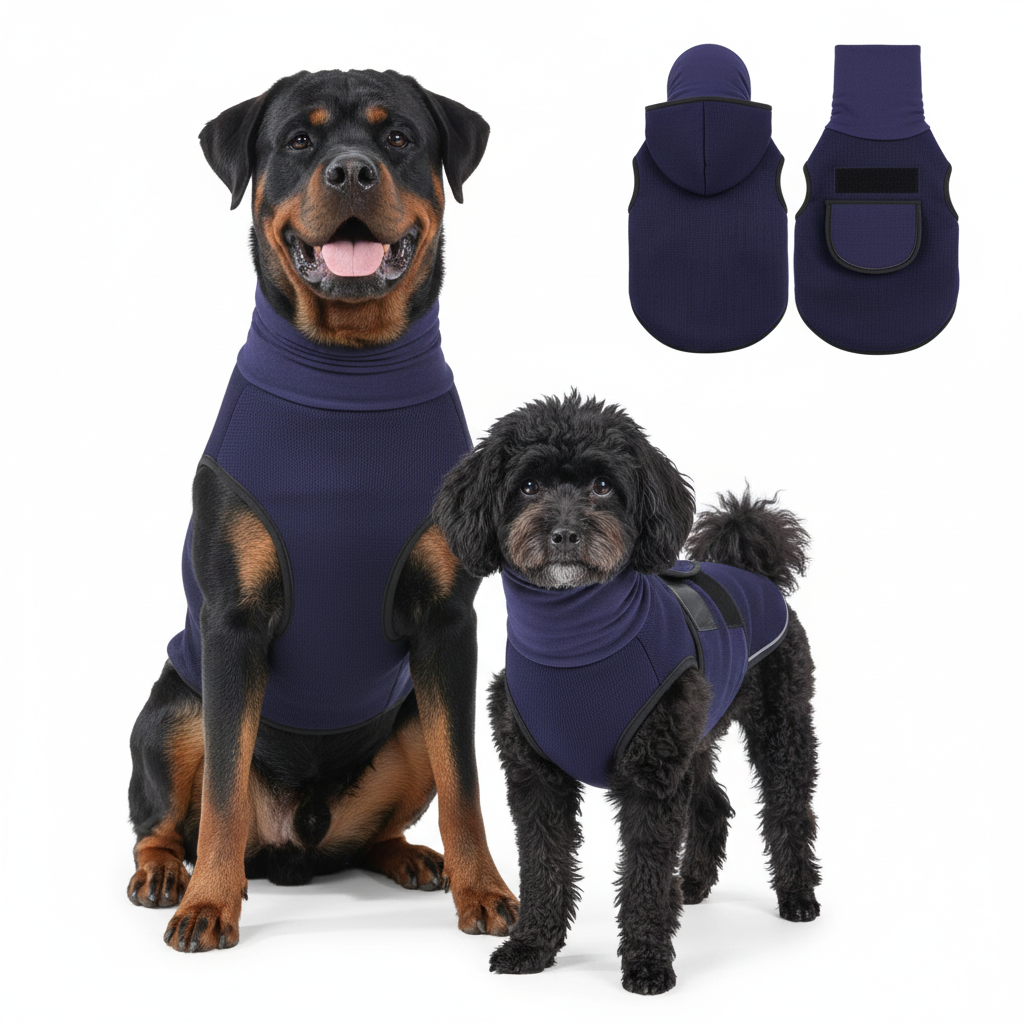 En Rottweiler og en lille sort Puddel iført marineblå, beroligende Snudles hundeveste med høj hals. Indsatte billeder viser vestens ryg og mave med velcro og hætte/lommedetaljer.