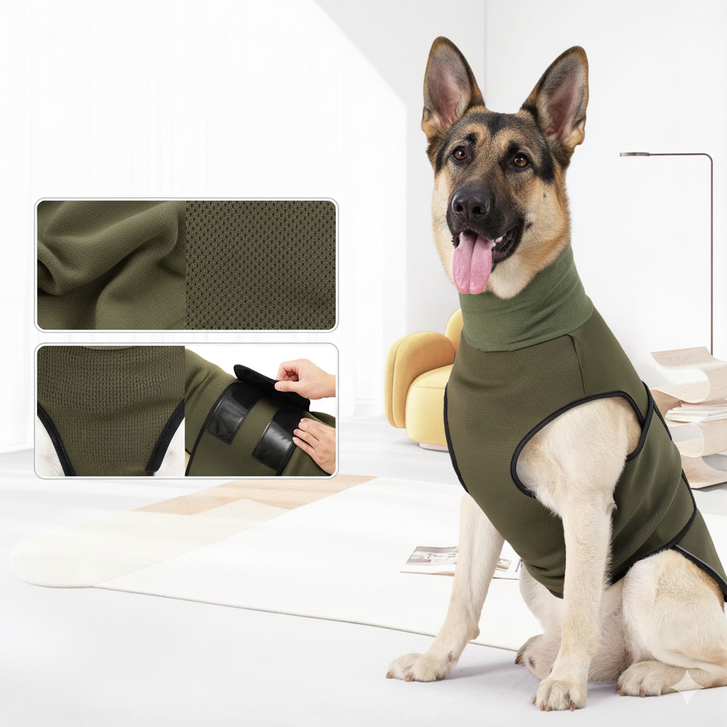 En Schæferhund sidder i en grøn, komfortabel anti-angst vest fra Snudles med høj krave. Nærbilleder viser det åndbare materiale og velcro-lukninger.