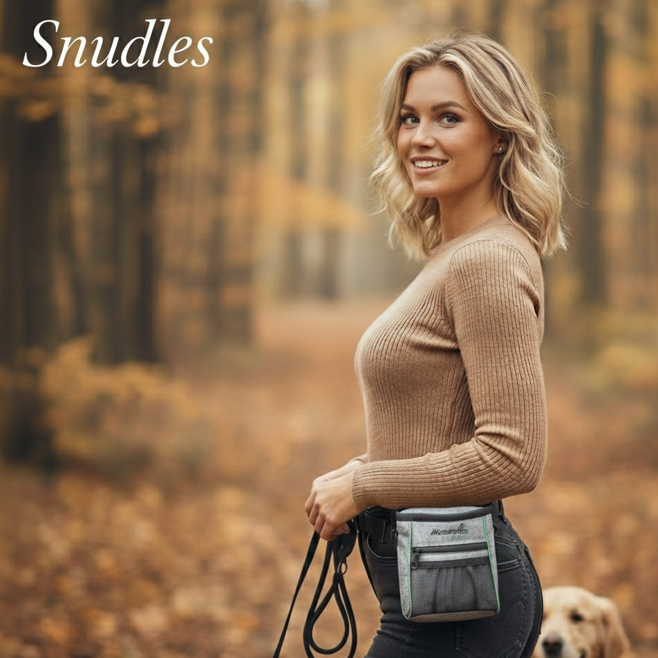 En attraktiv dansk kvinde med bølget lyst hår smiler, mens hun går tur med sin golden retriever gennem en stemningsfuld efterårsskov. Hun bærer en stilfuld grå godbidstaske komfortabelt om hoften og holder en foldet hundesnor i hånden. De varme, gyldne blade på træer og stier skaber en fredfyldt og indbydende atmosfære