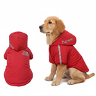 Golden Retriever hvalp iført den røde "Pupreme The Dog Face" jakke, set fra siden og bagfra.