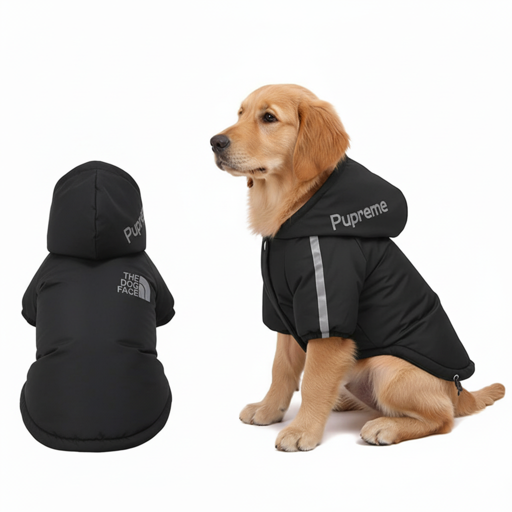 Hundemodel iført den sorte "Pupreme The Dog Face" vinterjakke med hætte.