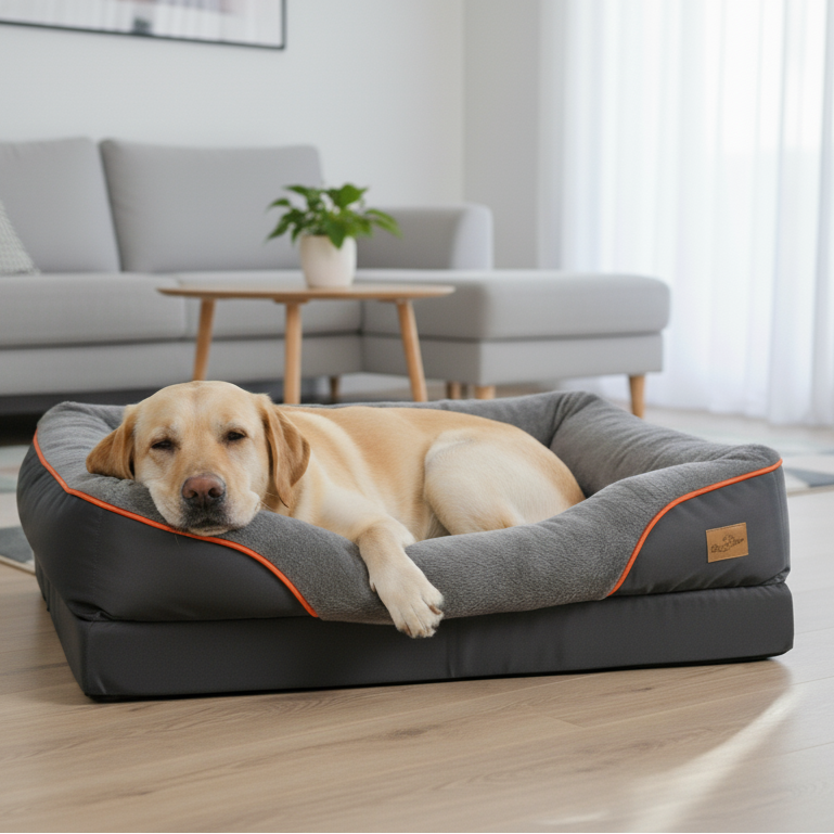 Ortopedisk, komfortabel hundeseng med gul labrador, der slapper af i en moderne stue