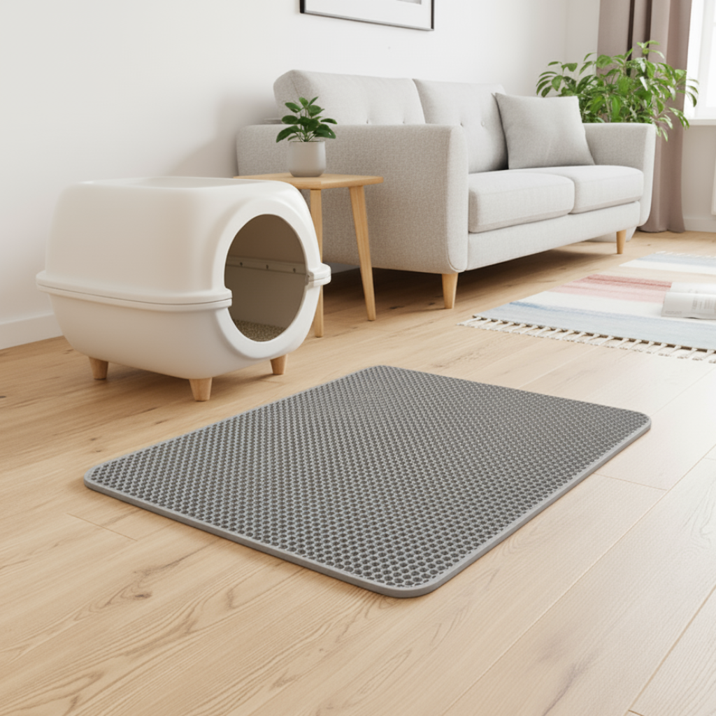 En stilfuld grå dobbeltlags kattegrusmåtte placeret foran en kattebakke, som effektivt fanger kattegrus og holder dit hjem rent og fri for spredt kattegrus. Den smarte design med to lag sikrer maksimal opsamling og nem tømning.
