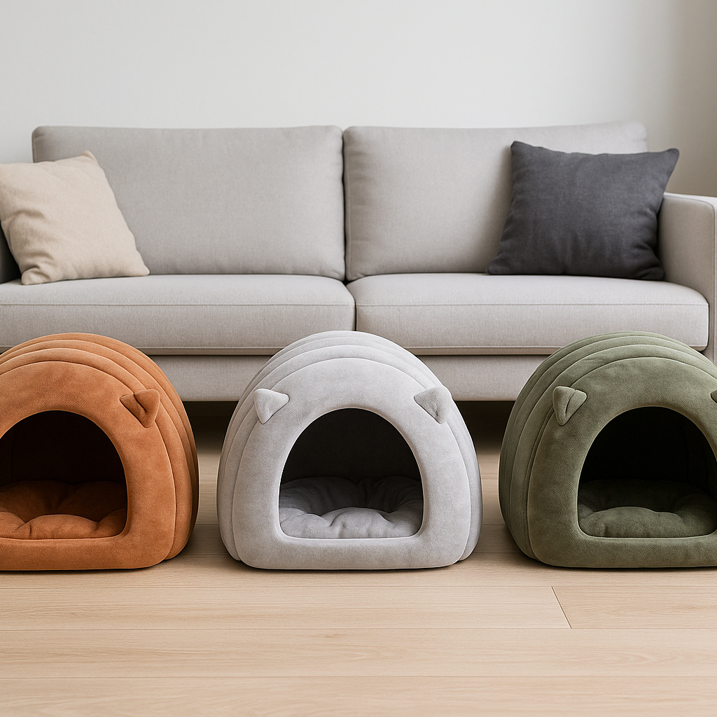 Tre Snudles kattehuler i grå, brun og grøn farve placeret i en moderne dansk stue, der viser hvordan de passer ind i boligindretningen