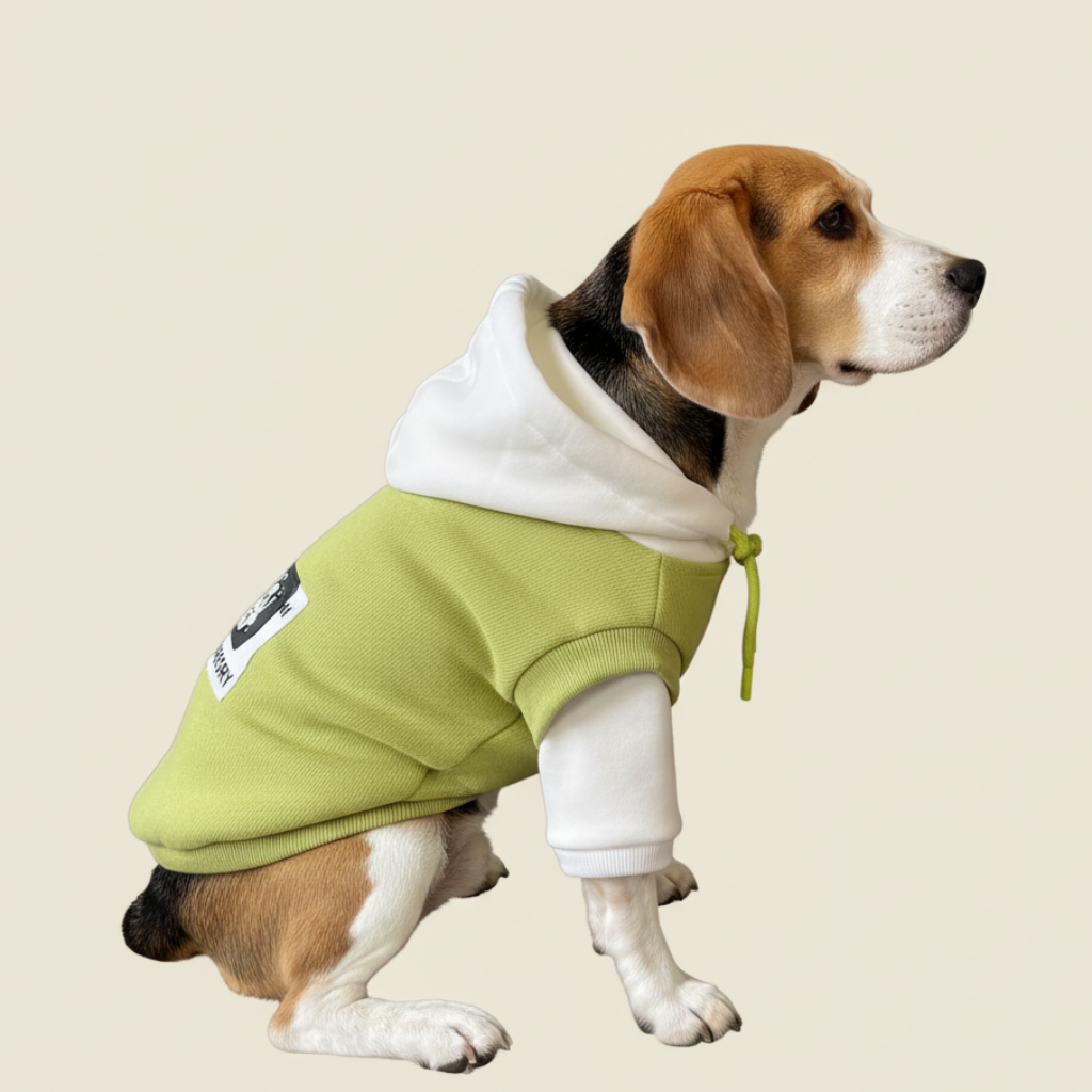 En trefarvet beagle sidder sideværts på en ensfarvet, lysebeige baggrund. Hunden bærer en hvid hættetrøje med en lysegrøn krop og lysegrønne snore. Den kigger opmærksomt mod højre.