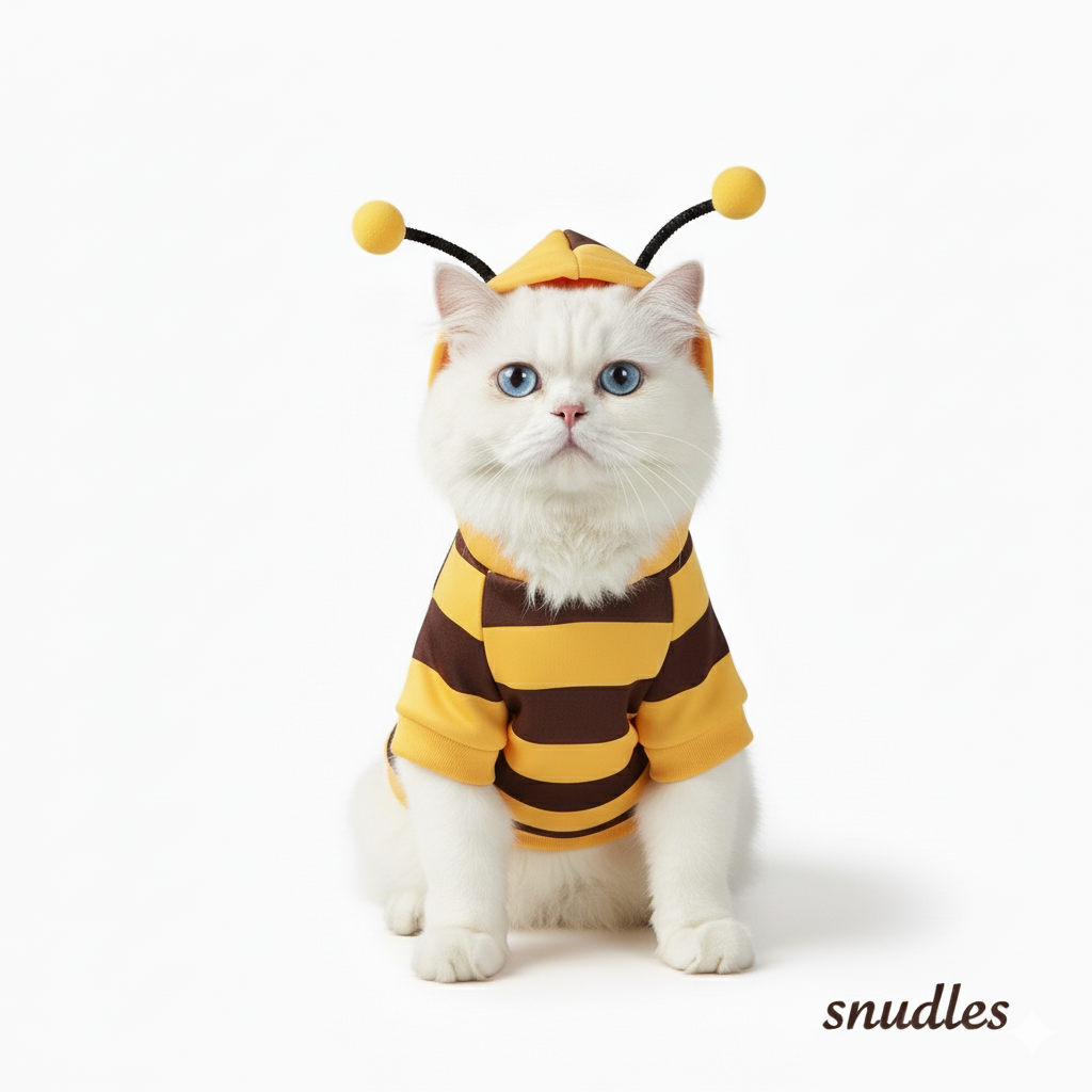 Tættere kig på den mindre version af bi-kostumet, specifikt designet til katte med fokus på halslukningen.