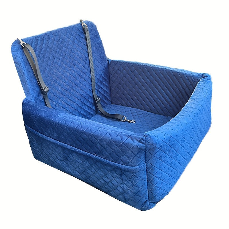 En blå hundesæde i bilen, designet til små og mellemstore hunde.
