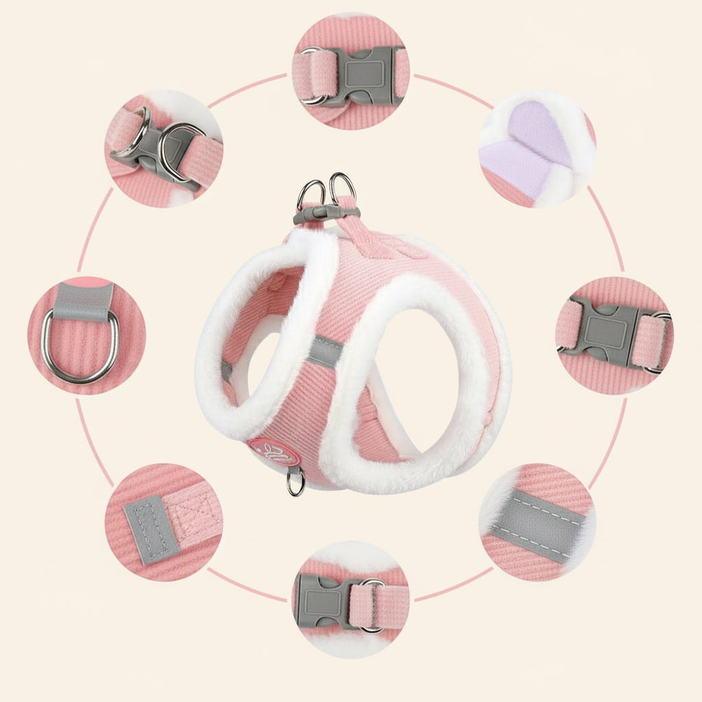Detaljeret nærbillede af lyserødt plysforet katteharnes, der viser plastikspænder, metal D-ringe til snor, justerbare stropper og indbyggede refleksdetaljer.