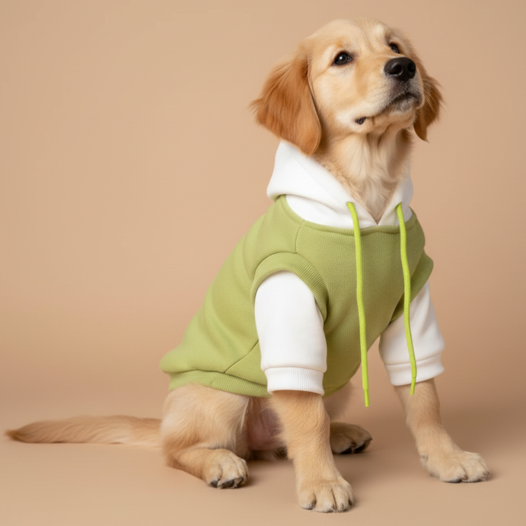 En sød golden retriever hvalp sidder sidelæns på en ensfarvet lysebrun/beige baggrund. Hvalpen har en stilfuld hættetrøje på i hvid med en lysegrøn krop og lysegrønne snore. Hunden kigger op mod højre og er fuldt synlig i billedet, med halen og benene tydeligt vist.