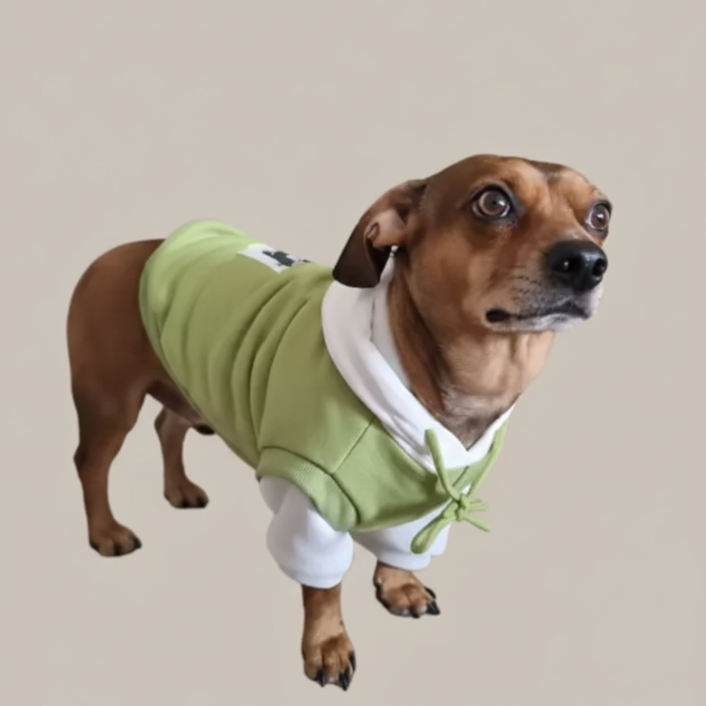 En brun gravhund med store, udtryksfulde øjne står på en blød, lysebrun og sløret baggrund. Hunden bærer en hvid hættetrøje med en lysegrøn krop og træksnore. Gravhunden kigger opmærksomt op mod højre.