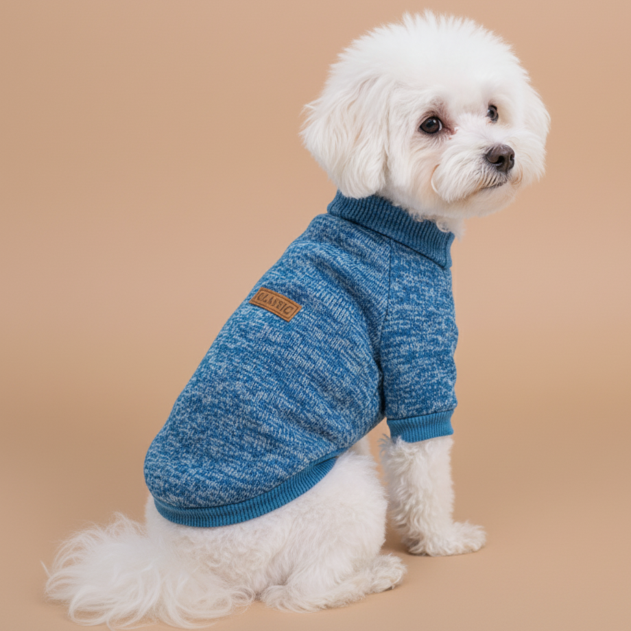 Klassisk meleret hundesweater i lys turkis/cyan med brunt mærke.
