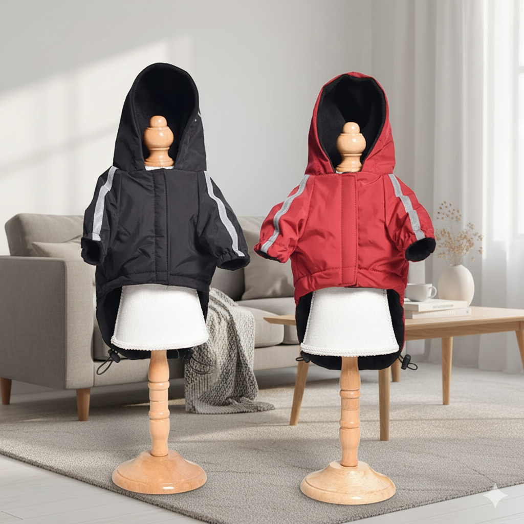 To mannequiner/pasforme i sort og rød jakke i et roligt dansk stue-miljø.