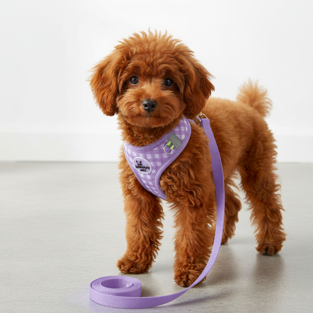 Brun puddel med lilla hundesele og snor. Blød, åndbar og justerbar hvalpesele. Anti-træk design.