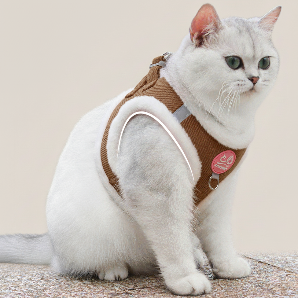 Sølvfarvet kat sidder iført brunt, plysforet katteharnes i ribbet fløjl, der illustrerer den komfortable, tætsiddende pasform til små dyr.