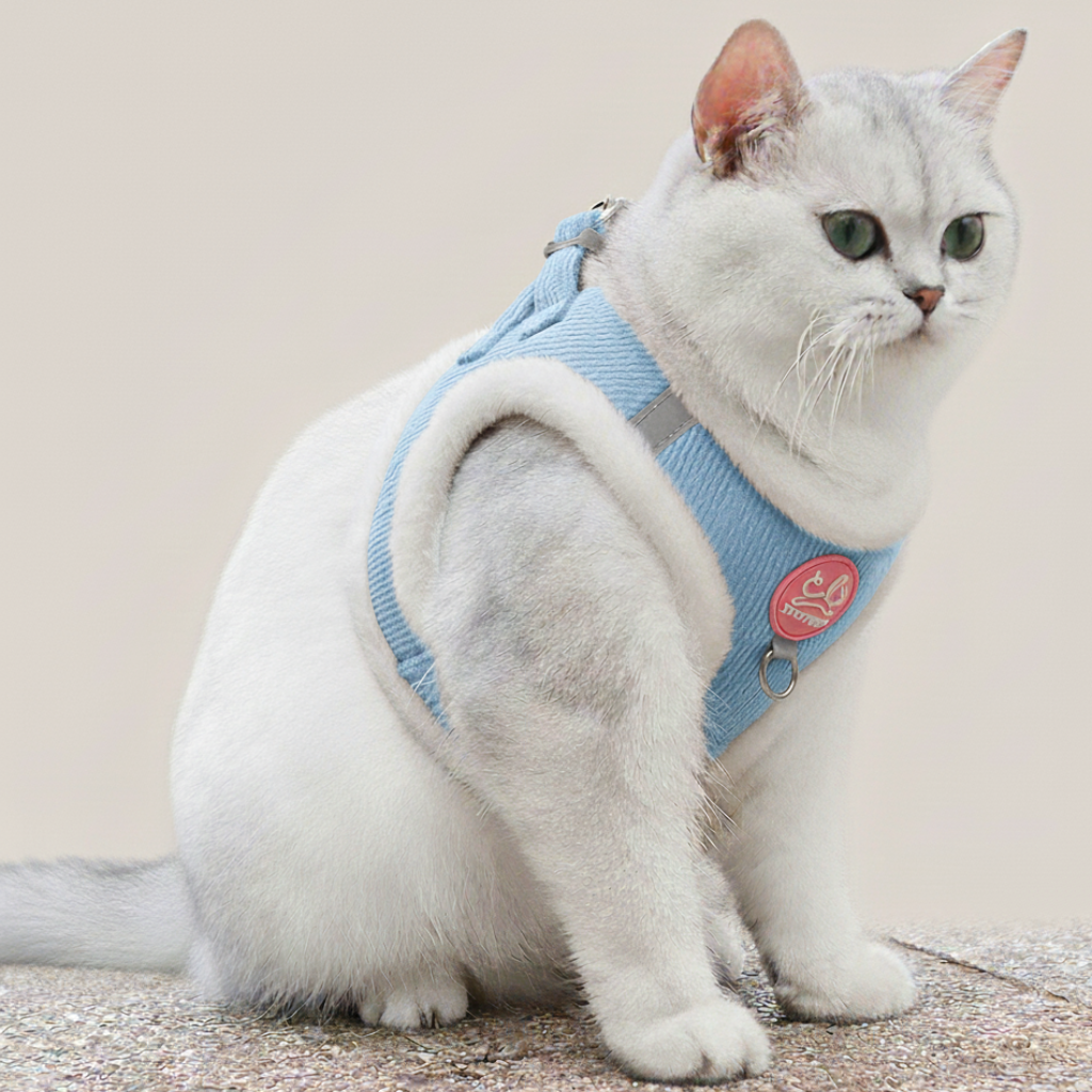 Sølvfarvet kat iført et lyseblåt plysforet katteharnes, der viser sele-vestens fulde rygdækning og den synlige refleksstribe.
