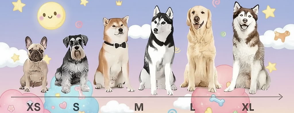 En glad, fantasifuld illustration af fem forskellige hunderacer (Fransk Bulldog, Schnauzer, Shiba Inu, Husky og Golden Retriever) præsenteret på en pastel-farvet, drømmende baggrund med skyer og en regnbuebro. Hundene er grupperet og mærket med størrelserne XS, S, M, L og XL."