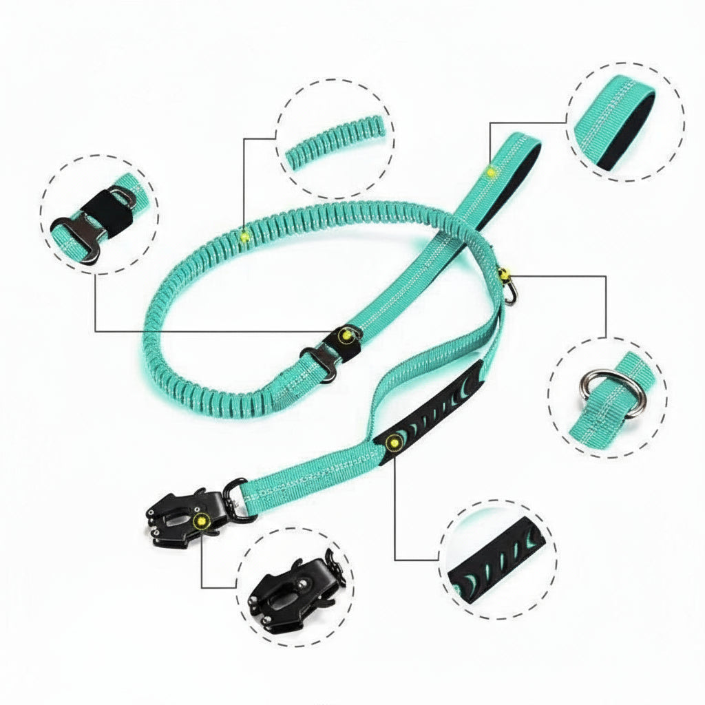 En teknisk produktvisning af en mintgrøn, elastisk hundesnor med reflekterende striber. Snoren har en sort karabinhage i den ene ende og flere udråbstegnede cirkler, der fremhæver detaljer: den stødabsorberende flettede del, det polstrede håndtag, en D-ring, en justerbar spænde, og en ekstra gummihåndtagsdel.