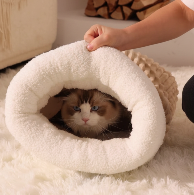 Højkvalitets, lysebrun kattehyggepose på et blødt gulvtæppe, ideel til dyb søvn. En kattepote stikker diskret ud af åbningen.