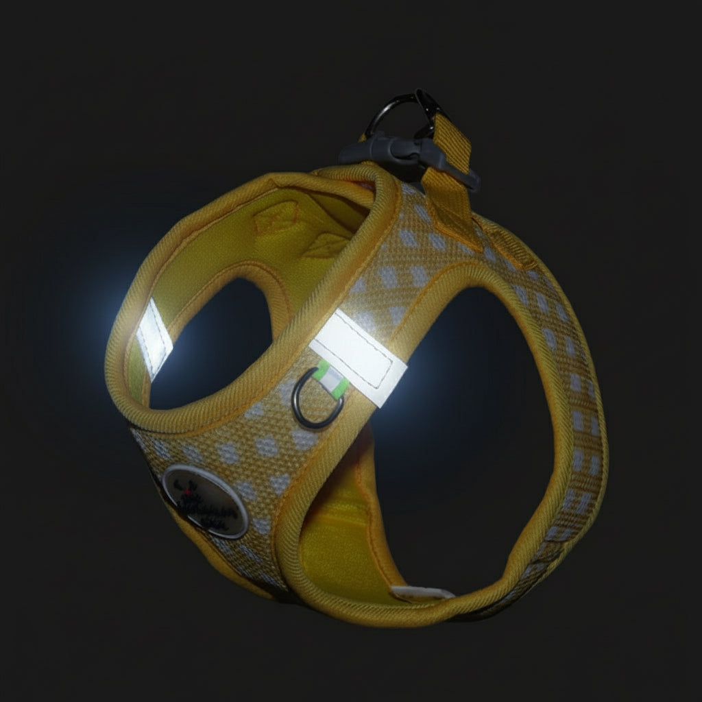 Billede af gul hundesele, der viser de reflekterende striber i mørke. Optimal sikkerhed for lille hund og hvalp.