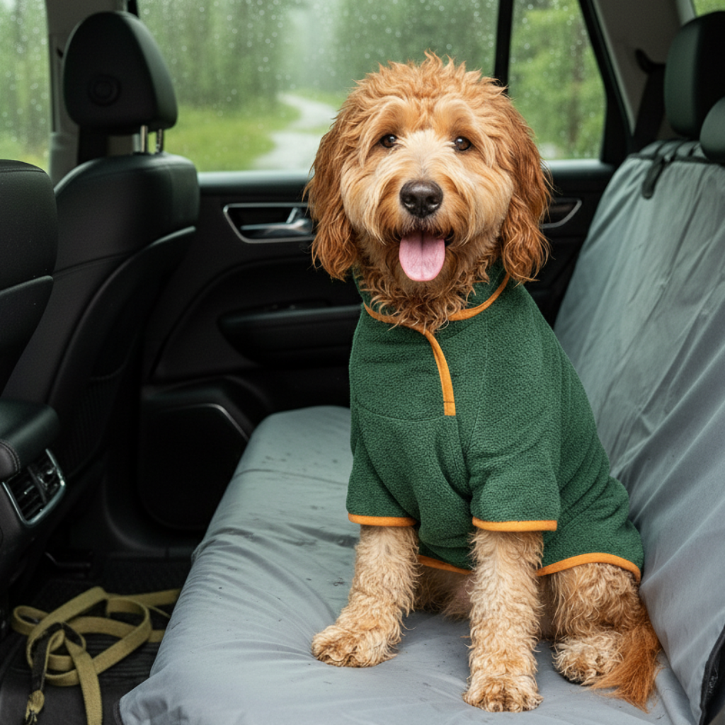 Hund iført den grønne Snudles absorberende hundebadekåbe/tørredækken, sidder trygt i bilen efter en våd gåtur for at beskytte sæderne mod vand og snavs.