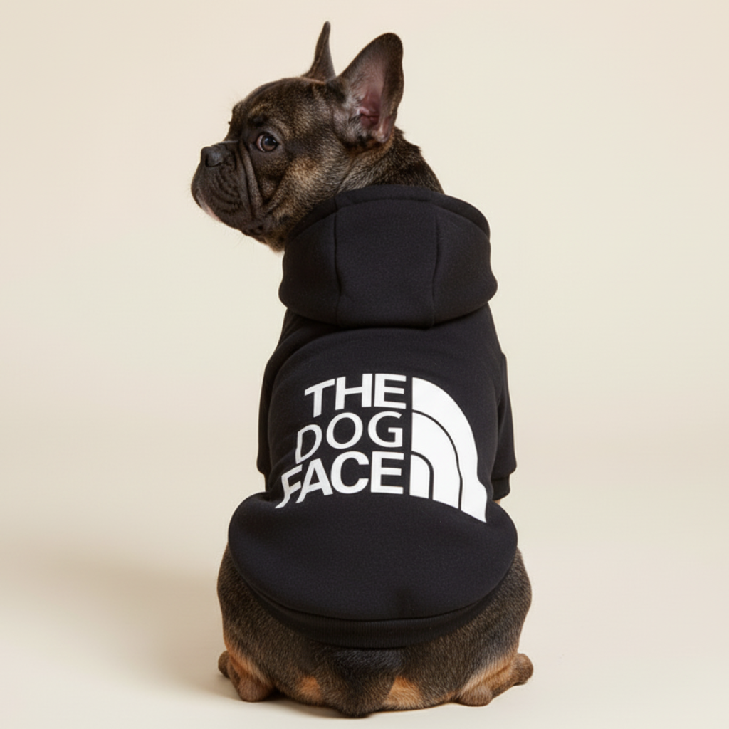 Cool Fransk Bulldog iført sort 'The Dog Face' sweatshirt fra Snudles. Holdbar og stilfuld genser til mellemstore hunde.