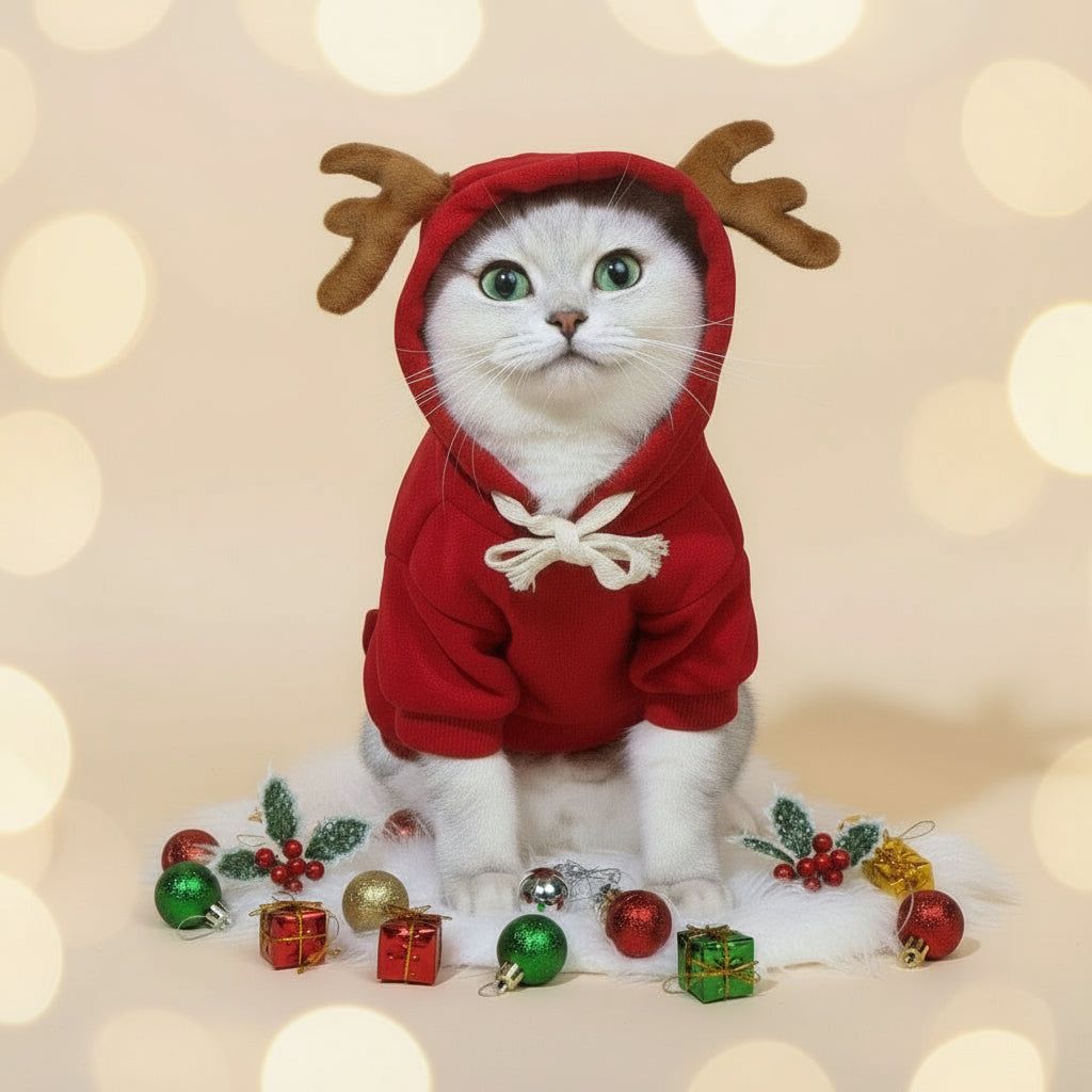 Hvid korthåret kat iført en rød og hvid Snudles juletrøje med hætte; ideel til vinter og jul.