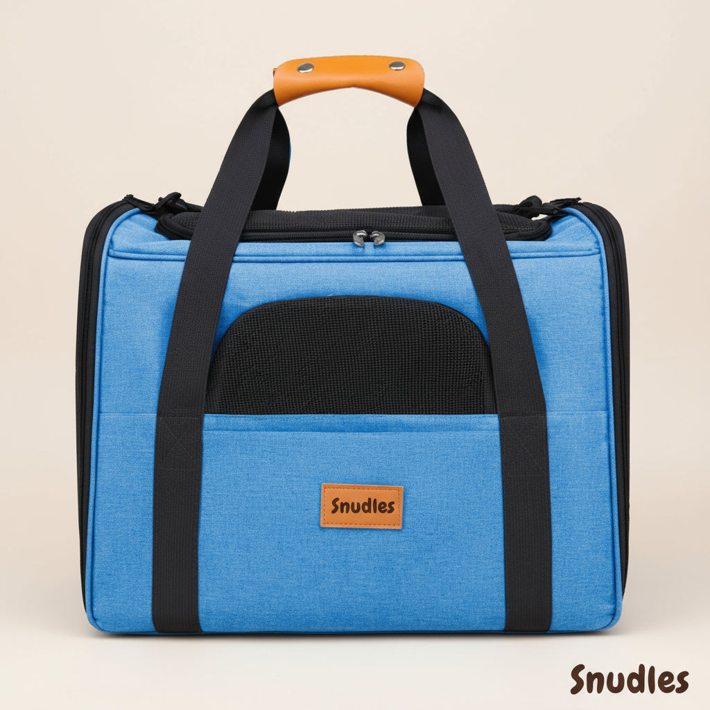 Flot lyserød Snudles transporttaske til katte og killinger. Sort mesh og sorte remme. Letvægts og sammenklappelig for nem opbevaring.