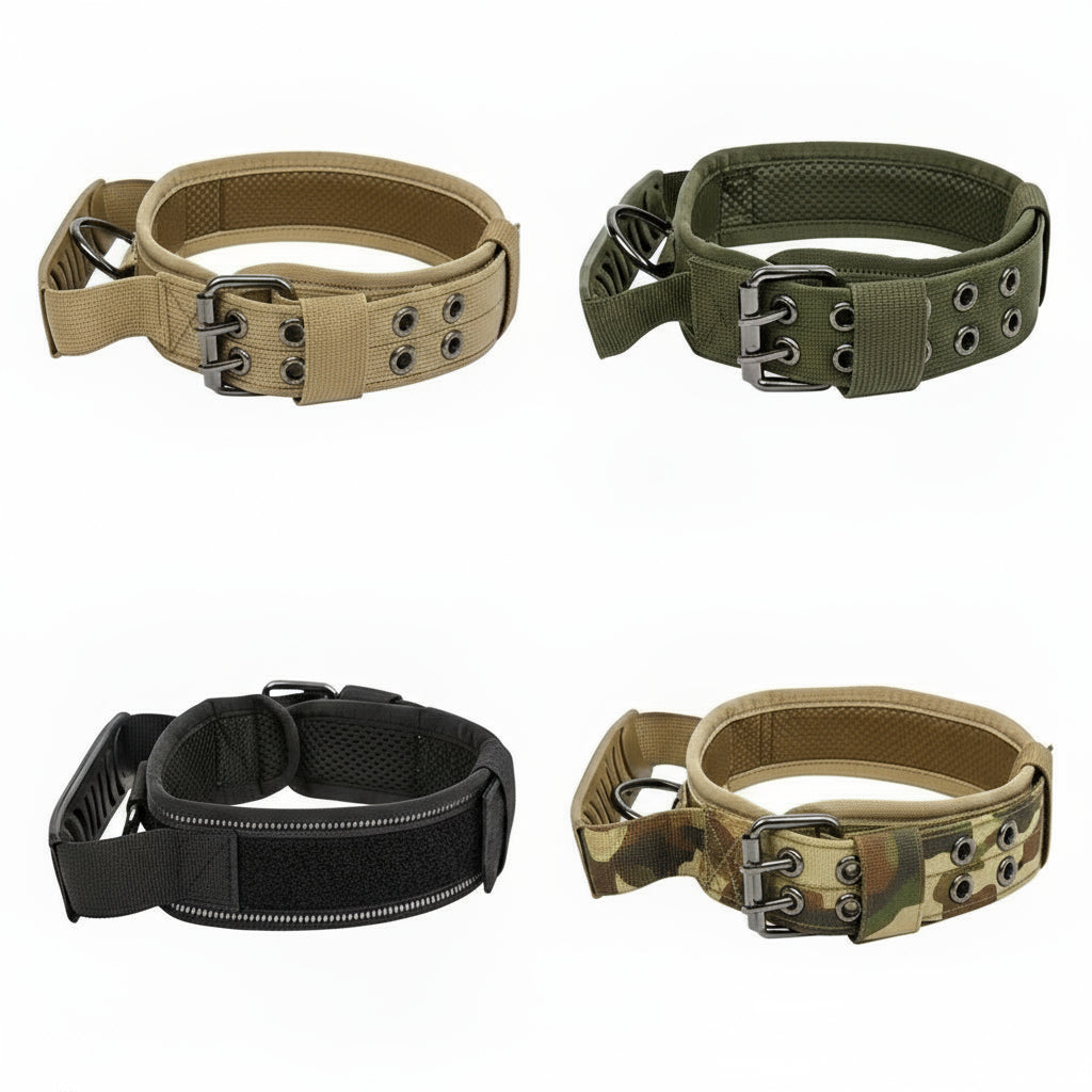 Billede af 4 stærke taktiske hundehalsbånd i sandfarvet, grøn, sort og camouflage