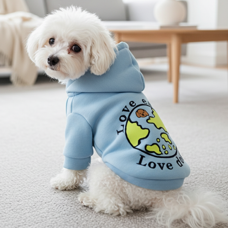 Hundemodel iført blå "Love Earth Love Dogs" hættetrøje i et lyst dansk interiør, der tydeligt viser trykket på ryggen.