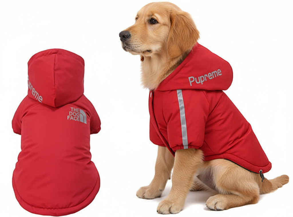 Golden Retriever hvalp iført den røde "Pupreme The Dog Face" jakke, set fra siden og bagfra.