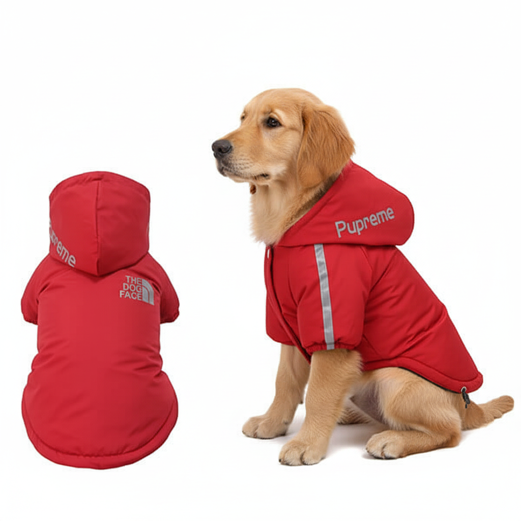 Golden Retriever hvalp iført den røde "Pupreme The Dog Face" jakke, set fra siden og bagfra.