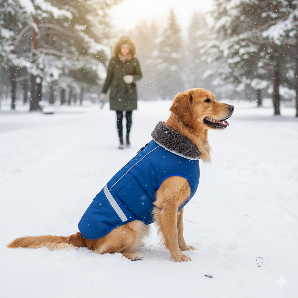 En mellemstor gylden retriever med en varm blå hundejakke med grå pelskrave sidder i sneen, set fra siden, med en kvinde der går i baggrunden i en snedækket skov. Hundens jasdetaljer er tydeligt synlige.