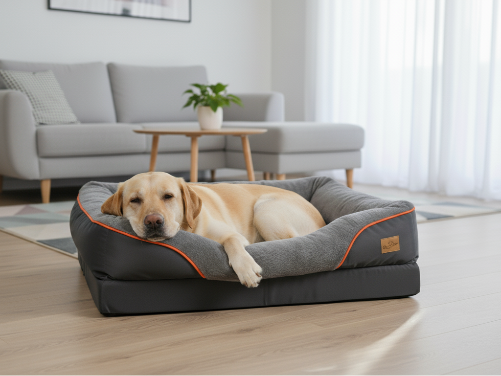 Ortopedisk, komfortabel hundeseng med gul labrador, der slapper af i en moderne stue