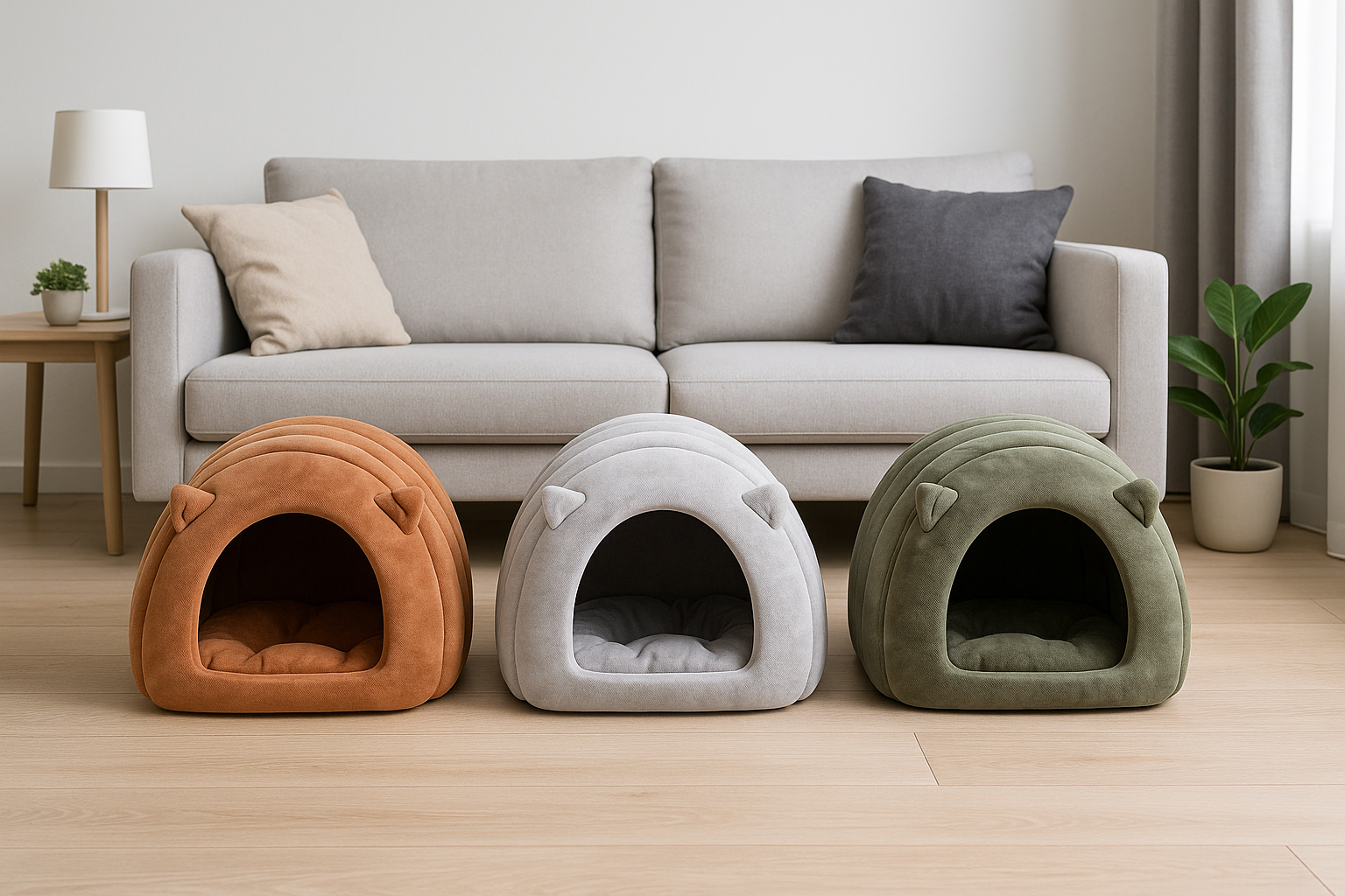 Tre Snudles kattehuler i grå, brun og grøn farve placeret i en moderne dansk stue, der viser hvordan de passer ind i boligindretningen