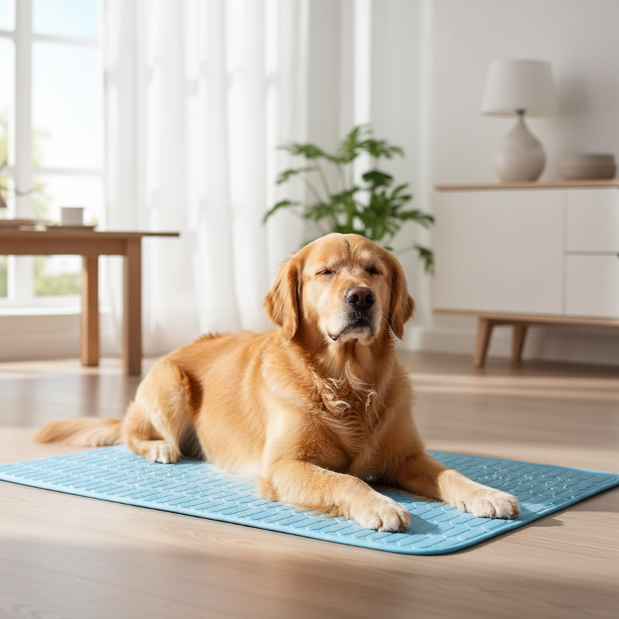 En glad hund ligger afslappet på en selvafkølende måtte i en stue, der viser produktets kølende effekt