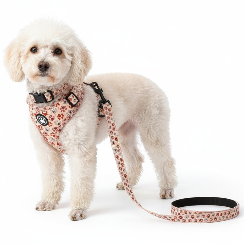 Lille hvid pudel iført lyserødt og brunt blomstret hundesele og matchende snor fra Snudles-kollektionen.