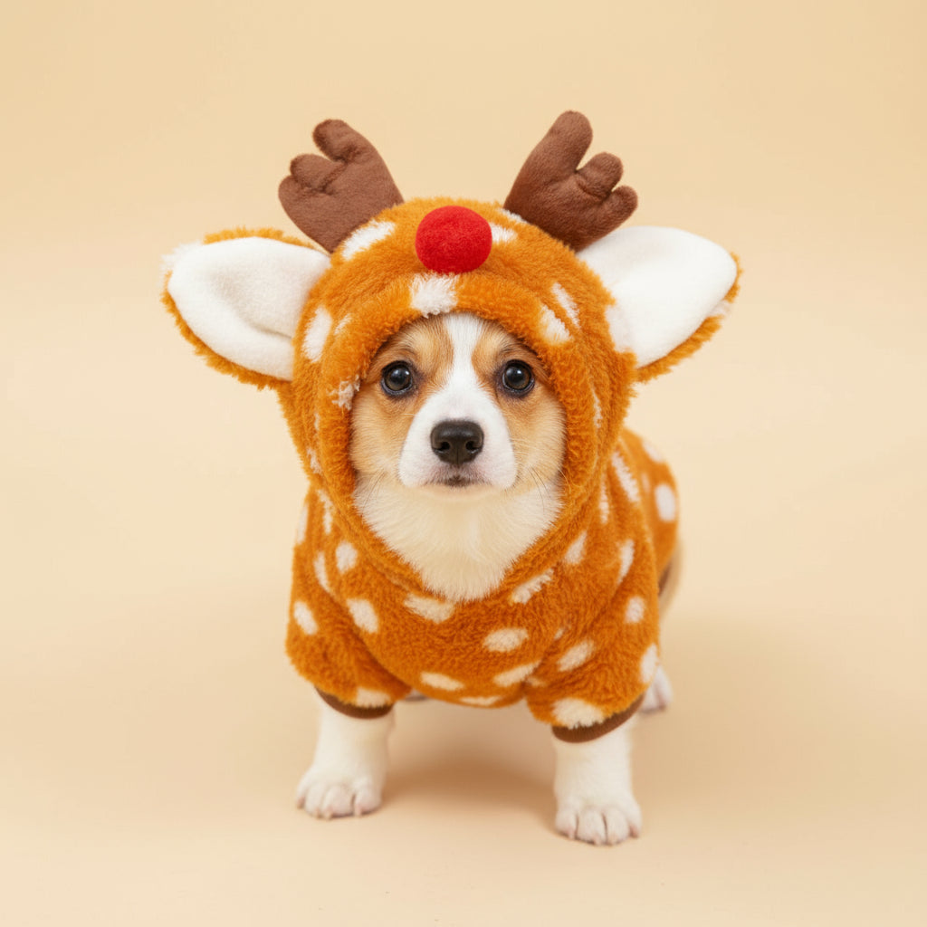 Nærbillede af kæledyr iført rensdyr heldragt; perfekt juleoutfit til kat og lille hund.