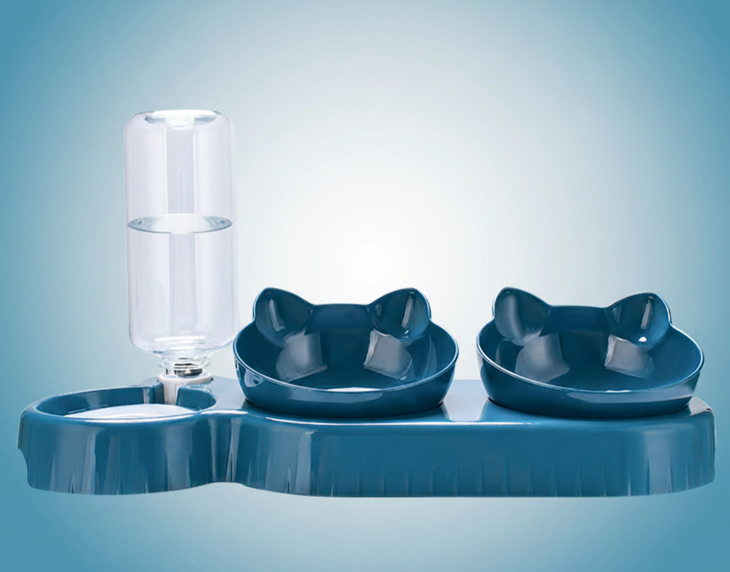 En elegant profilbillede af den blå snudles kattefoderstation, der viser den automatiske vandflaske og to skåle fra siden 